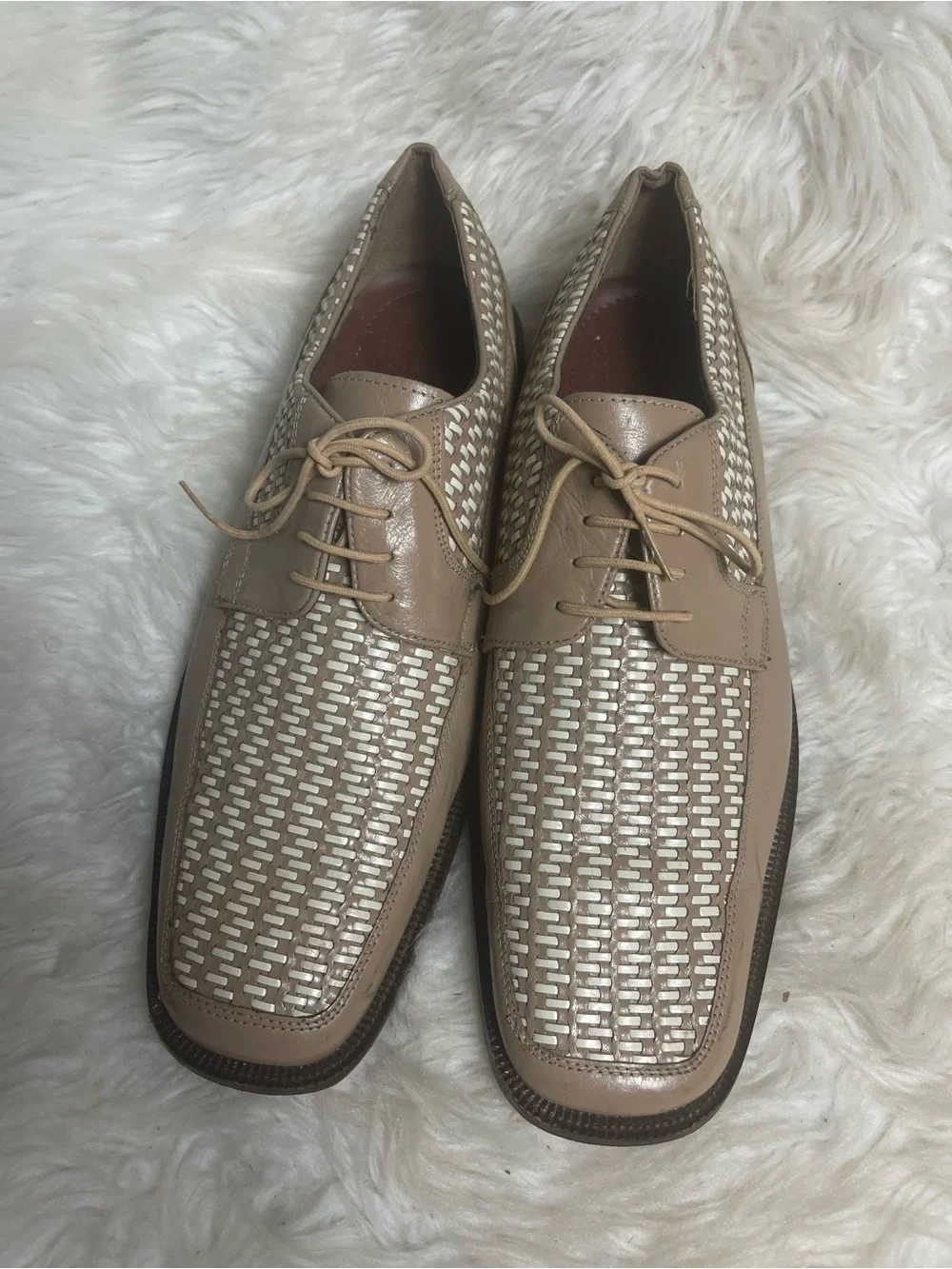Stacy Adams Men Basketweave Tan& Cream leather lace up dress shoes SZ12M